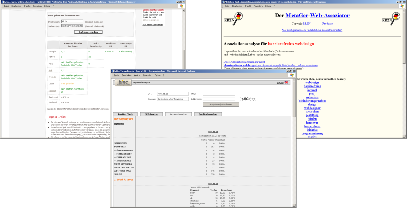 Bildschirmfotos verschiedener Keyword-Analyse-Werkzeuge, Stand 15.03.2007