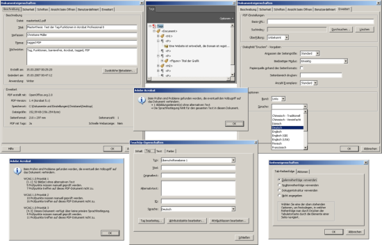 Bildschirmfotos verschiedener tagged PDF-Funktionen in Acrobat 8 Pro