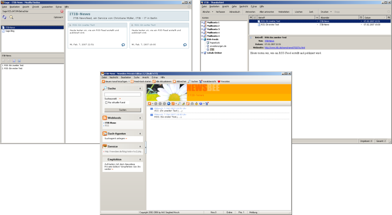 Bildschirmfotos verschiedener Client-Software für Newsfeeds
