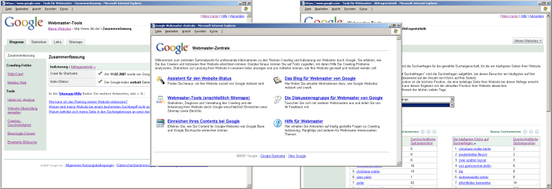 Bildschirmfotos der Google Webmaster-Tools, Stand 16.03.2007